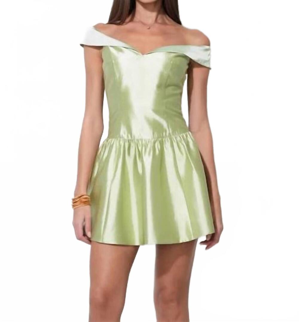 NEW ADELYN RAE darcy off shoulder satin drop waist mini dress in chartreuse